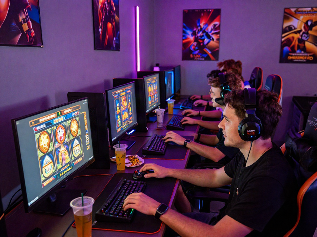 Friends enjoying bandar slot gaming together in an energetic atmosphere with vibrant lights and snacks.