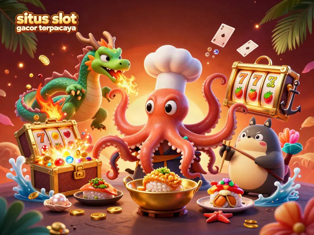 Sushi chef octopus and friends celebrating winnings at situs slot gacor terpercaya casino
