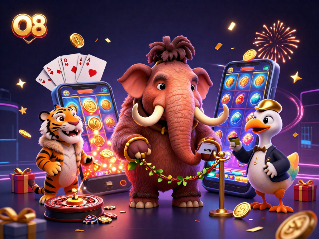 O8 features a mammoth bouncer checking IDs at a vibrant casino scene, showcasing exciting gaming elements.