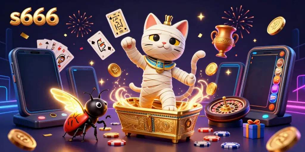 Experience the thrilling action of s666 with a mummy cat and glowing scarab in a vibrant casino scene.