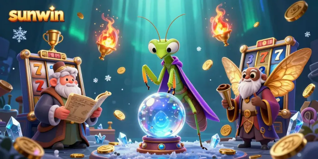Play slots and win big with sunwin in an enchanting gaming illustration featuring mystical characters.