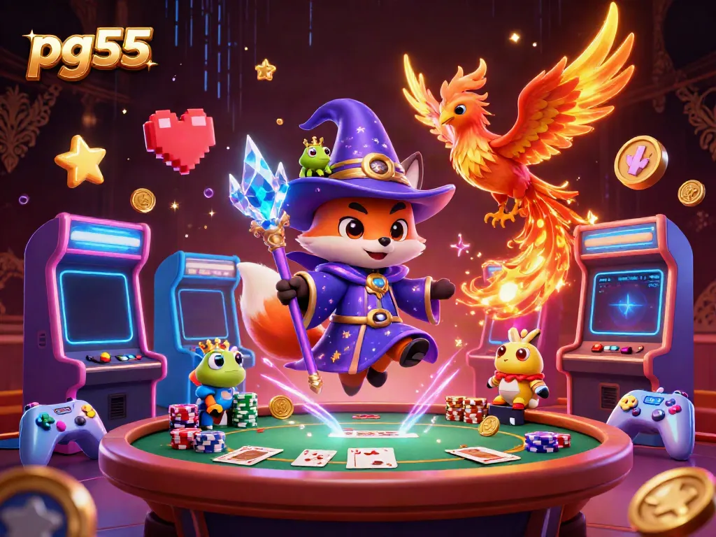 Play exciting casino games at pg55 with mystical characters and vibrant gaming elements surrounding them.