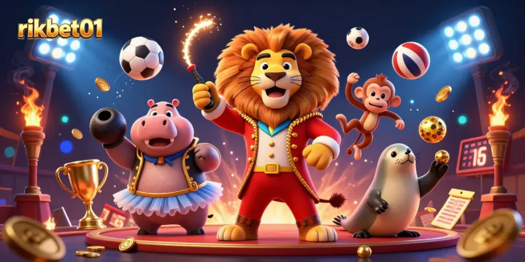 Experience the excitement of rikbet01 with a vibrant 3D circus-themed casino scene.