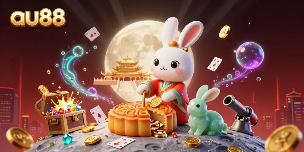 Experience the excitement of au88 as a moon rabbit reveals hidden poker chips alongside treasure chests and casino elements.