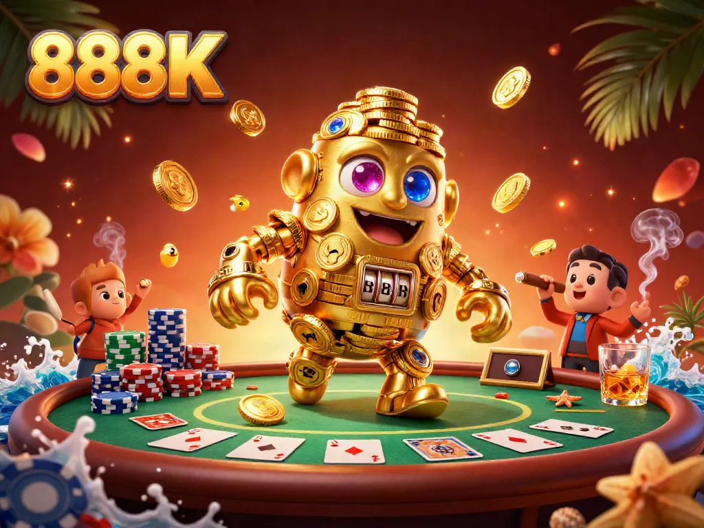 Engage with thrilling gameplay at 888K, featuring a dynamic 3D illustration of a golden golem amidst poker actions.