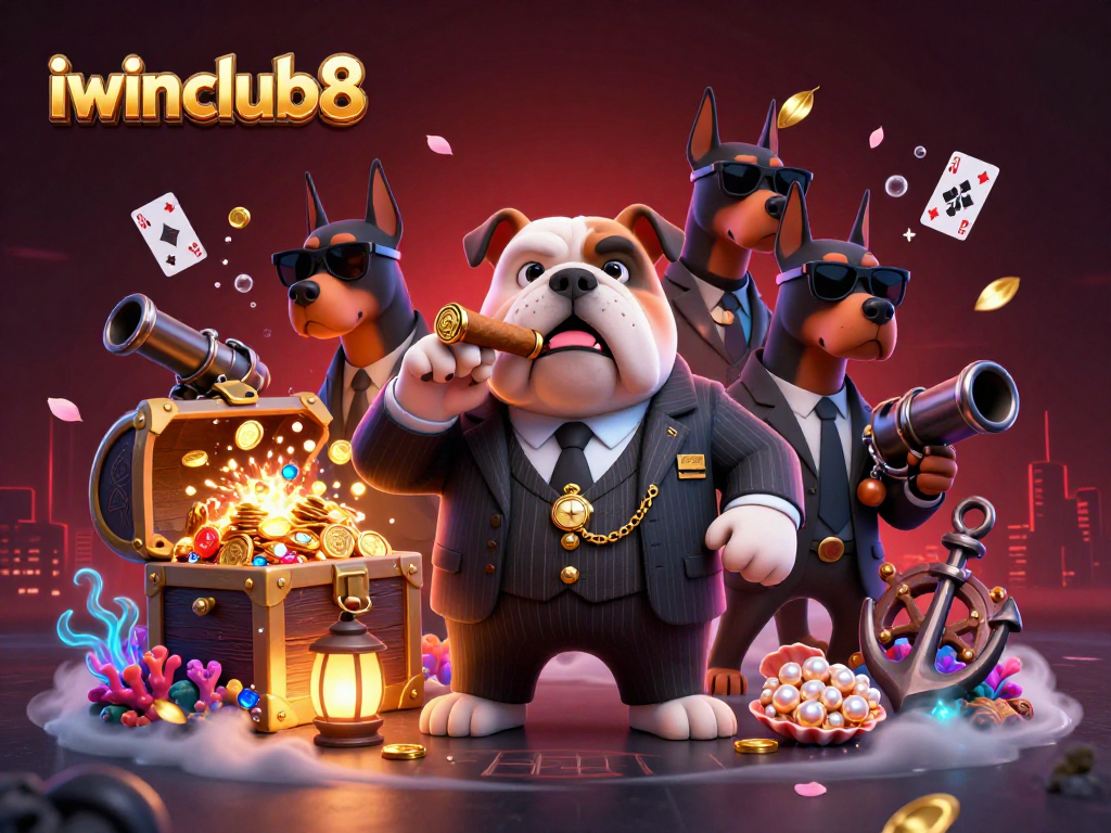 Win at iwinclub8 with a dynamic scene showcasing a mafia boss bulldog and Doberman bodyguards among gold coins.