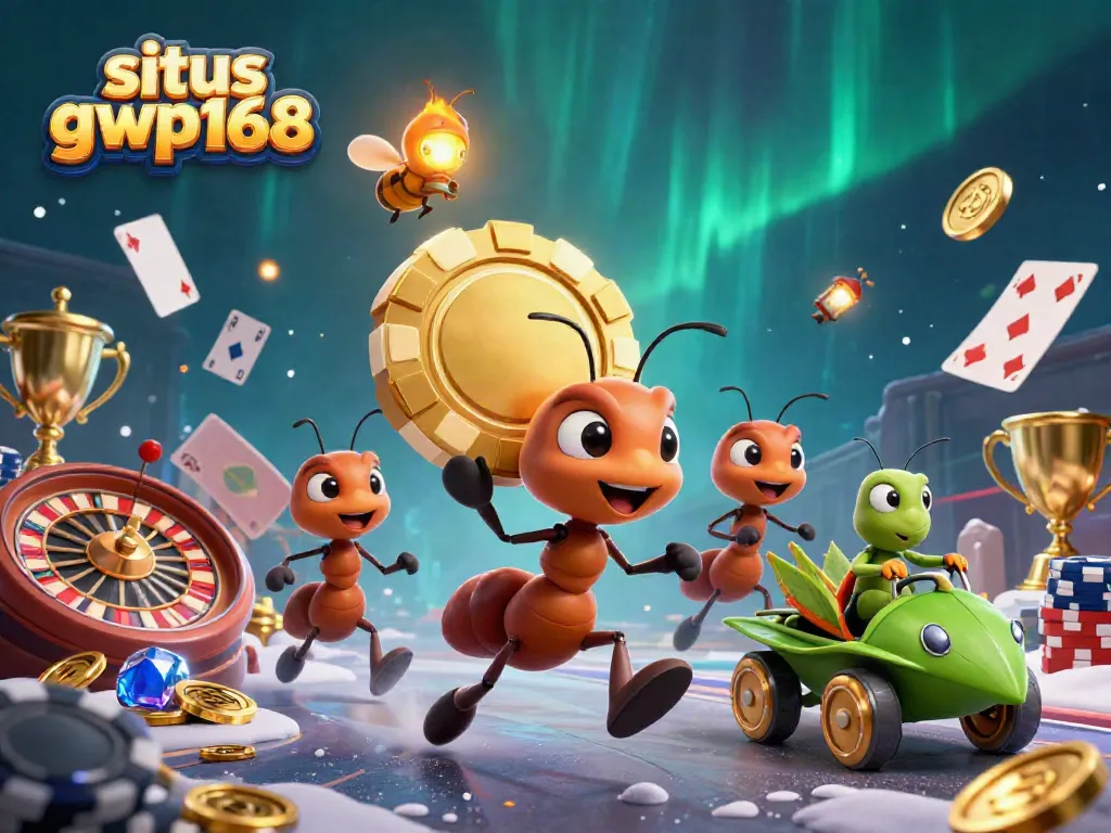 Permainan kasino real-time di situs gwp168 yang menggambarkan karakter 3D mencuri chip poker emas besar dengan latar belakang warna gelap.