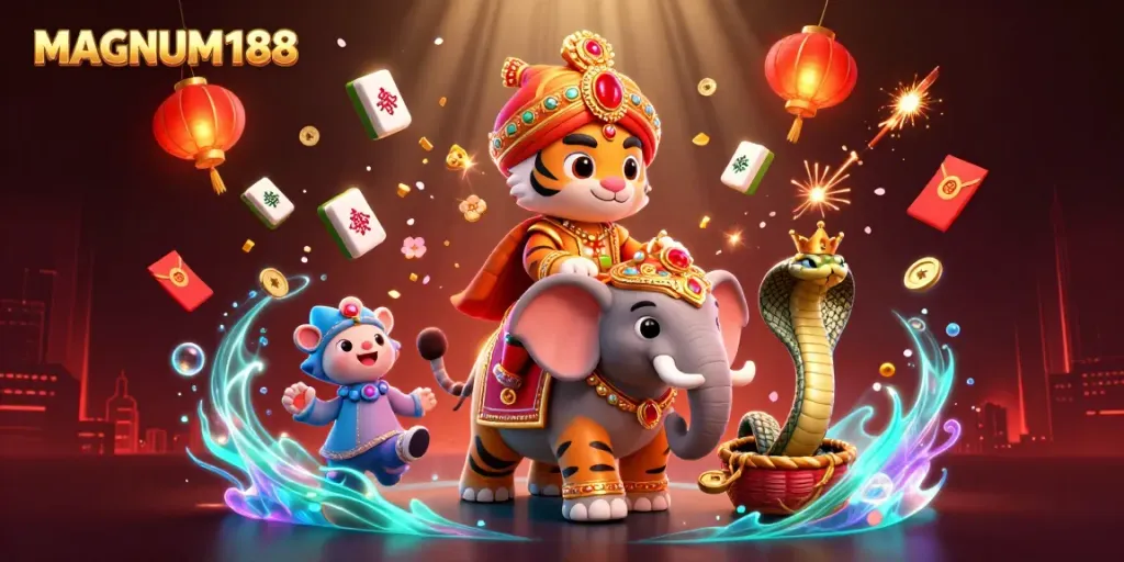 Experience thrilling gameplay with MAGNUM188 featuring a majestic maharaja, elephant, and dynamic casino elements.