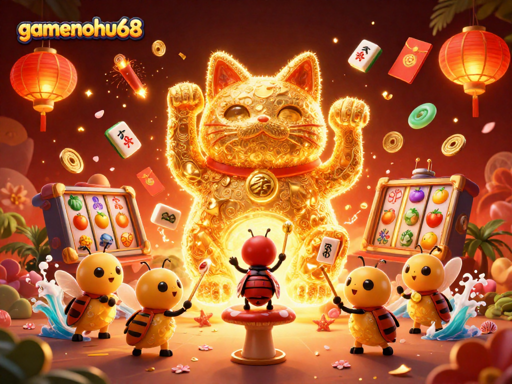 Experience excitement with gamenohu68's vibrant casino illustration of lucky symbols and animated characters.