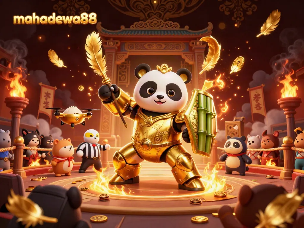 Experience vibrant mahadewa88 gameplay with golden panda and dynamic casino action in a rich arena atmosphere.