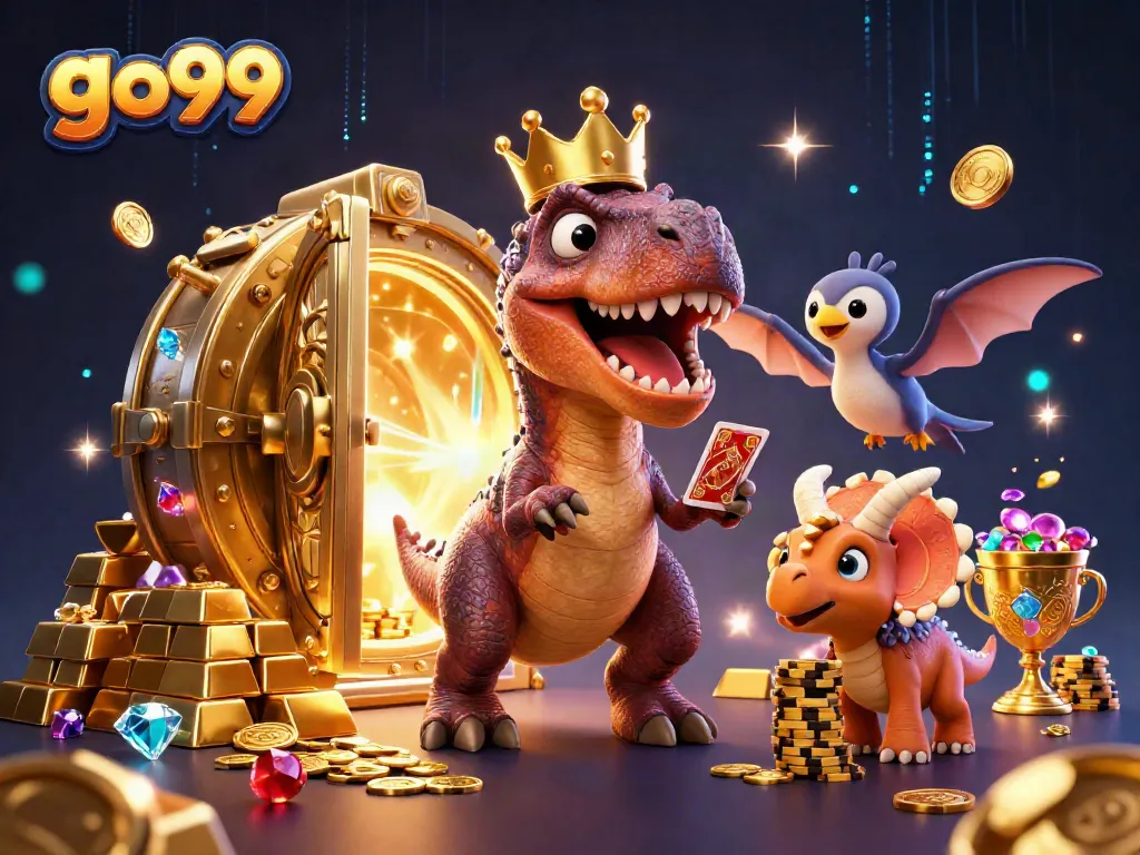 Engage in thrilling gameplay at go99, where friendly characters shuffle cards and stack chips amid a treasure-themed scene.