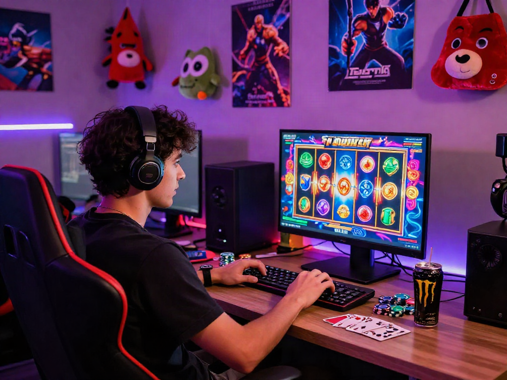 Slot gacor gaming scene with colorful laptop and vibrant atmosphere