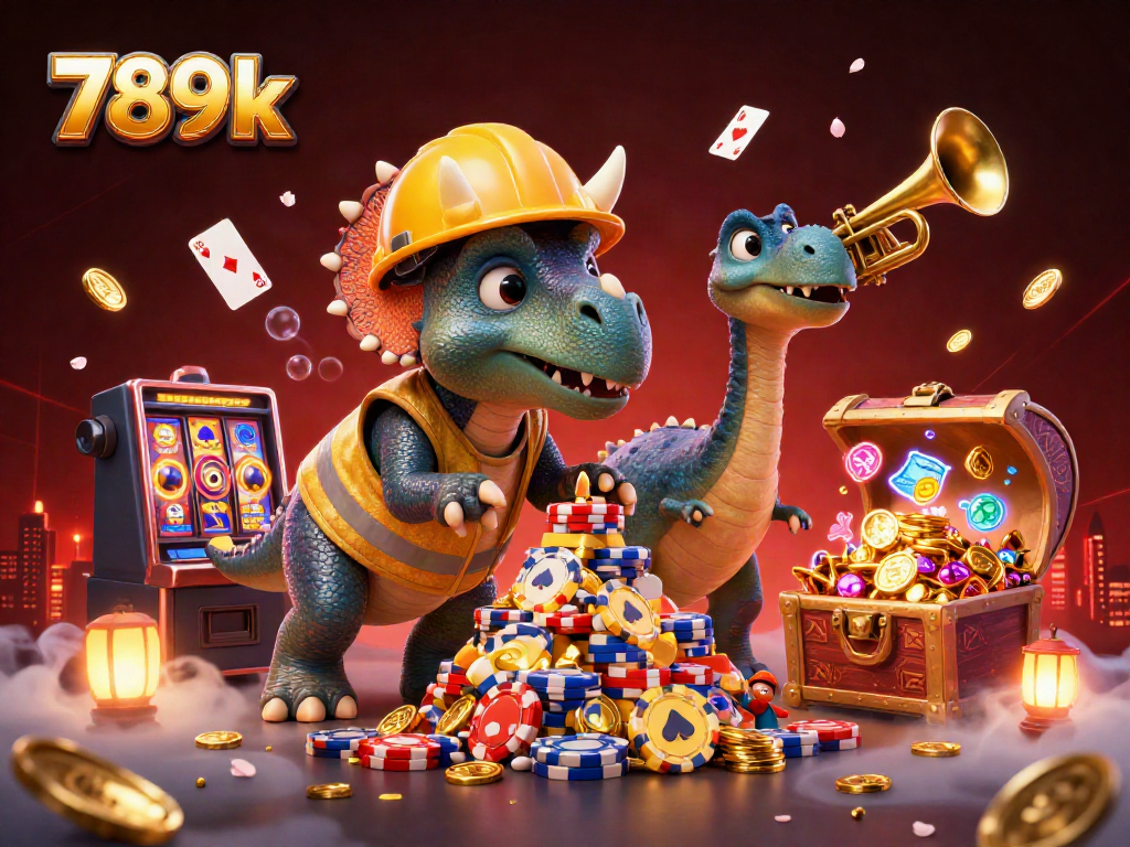 Engage with the vibrant 789k casino scene showcasing a triceratops building poker chip towers amid floating cards and coins.