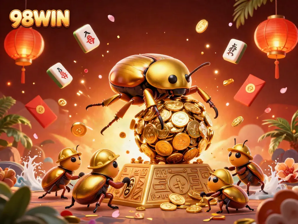 Engage in thrilling 98WIN casino adventures with golden beetles navigating a pyramid of riches.
