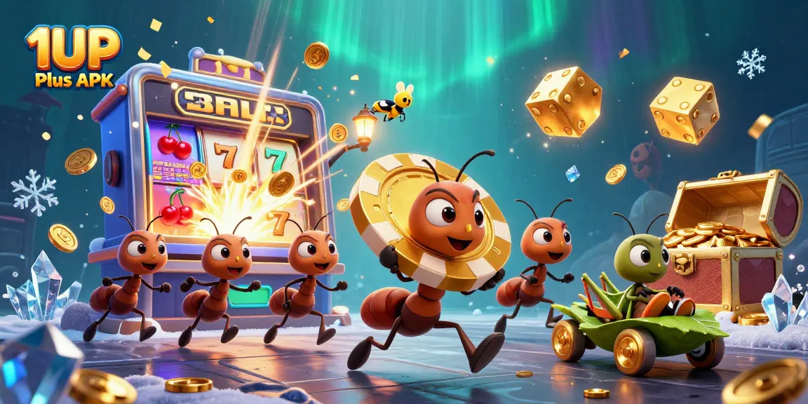 Engage with 1UP Plus APK via a whimsical heist scene featuring ants and casino elements.