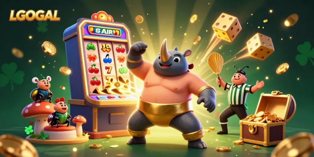 Experience LGOGOAL excitement as a rhinoceros beetle champion creates a jackpot explosion in this vibrant casino scene.