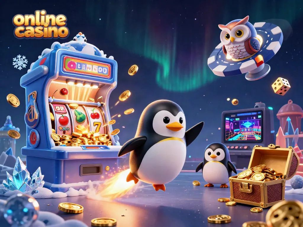 Experience dynamic online casino fun with a golden penguin and slot machine explosion amidst vibrant gaming elements.
