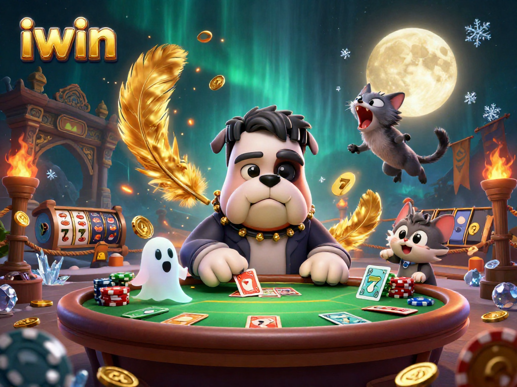 Engage with iwin's exciting poker adventure featuring a Frankenstein bulldog and ghost mouse.