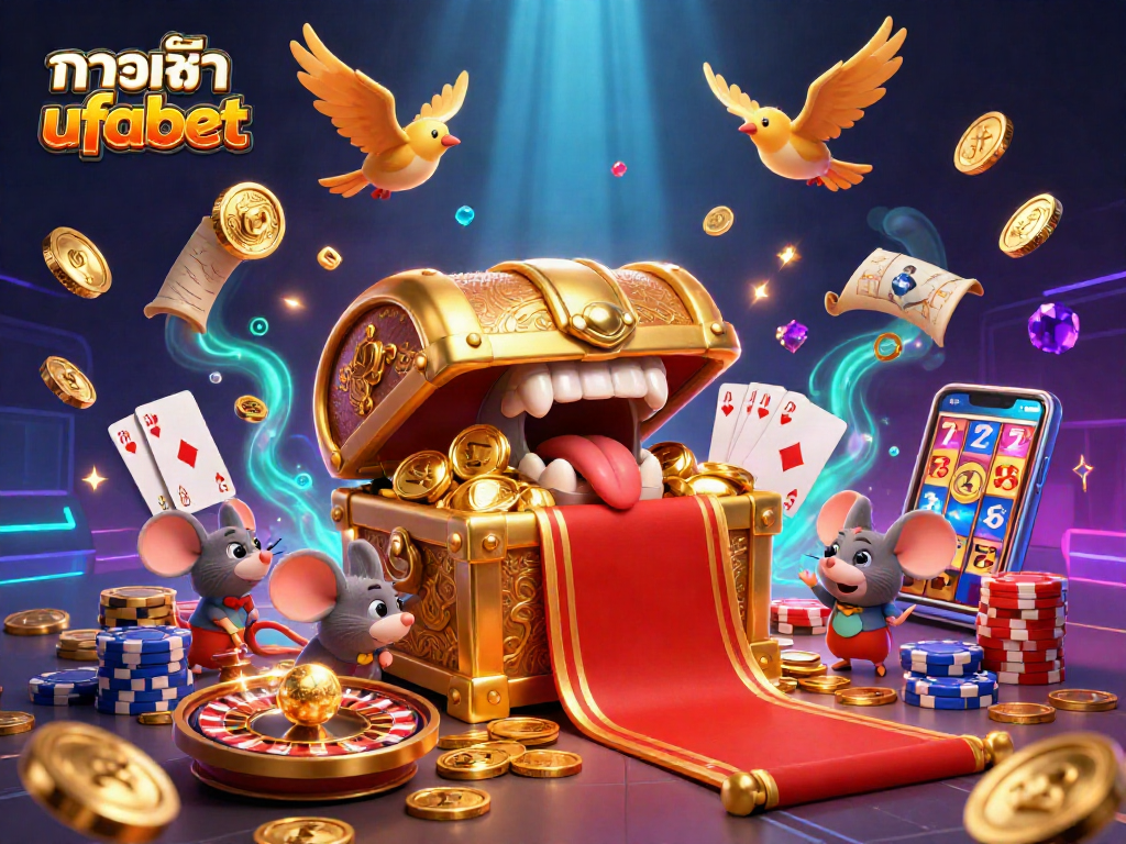 Engage with ทางเข้า ufabet and discover wealth as adventurer mice flock to the treasure chest amid a vibrant casino scene.