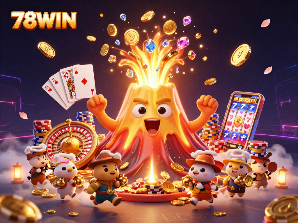 Experience the thrill of winning at 78WIN with a dynamic 3D casino-themed illustration where golden volcano erupts with treasures.