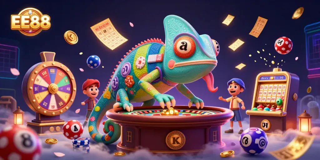 Experience excitement at EE88 with vibrant casino elements, golden coins, and dynamic game activities.