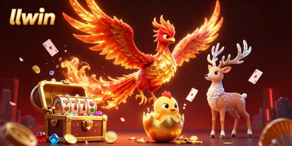 Experience the thrilling visual magic of llwin, featuring a phoenix, treasure, and dynamic casino elements.
