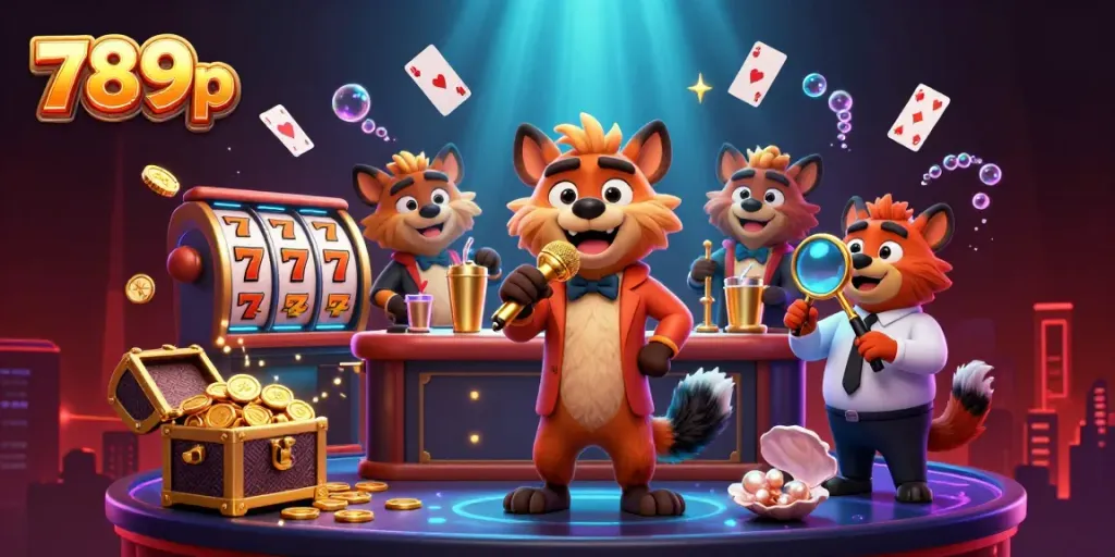 Experience the lively comedy casino atmosphere with hyenas at 789p, featuring slot reels and gold coins.