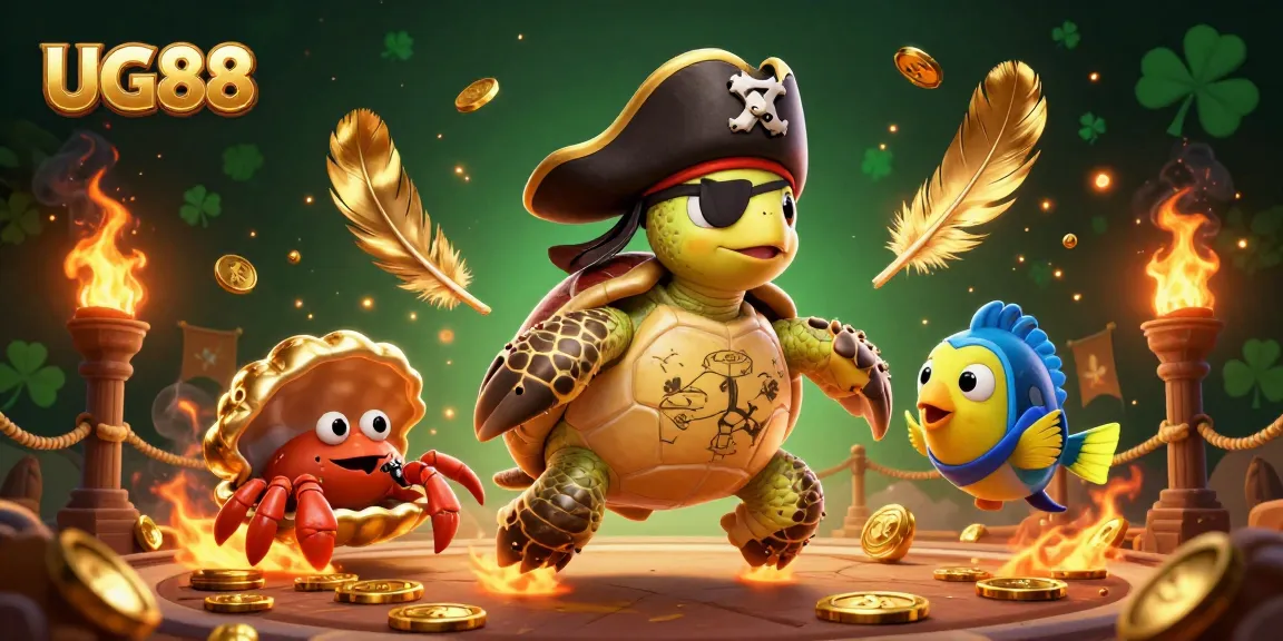 Experience thrilling bets at UG88 with a lively pirate turtle and treasure-filled underwater scene.