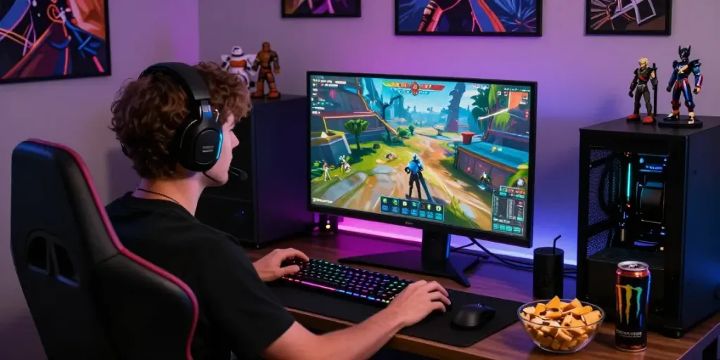Permainan diana4d: Gamer terfokus dengan PC, headset, dan dekorasi gaming.