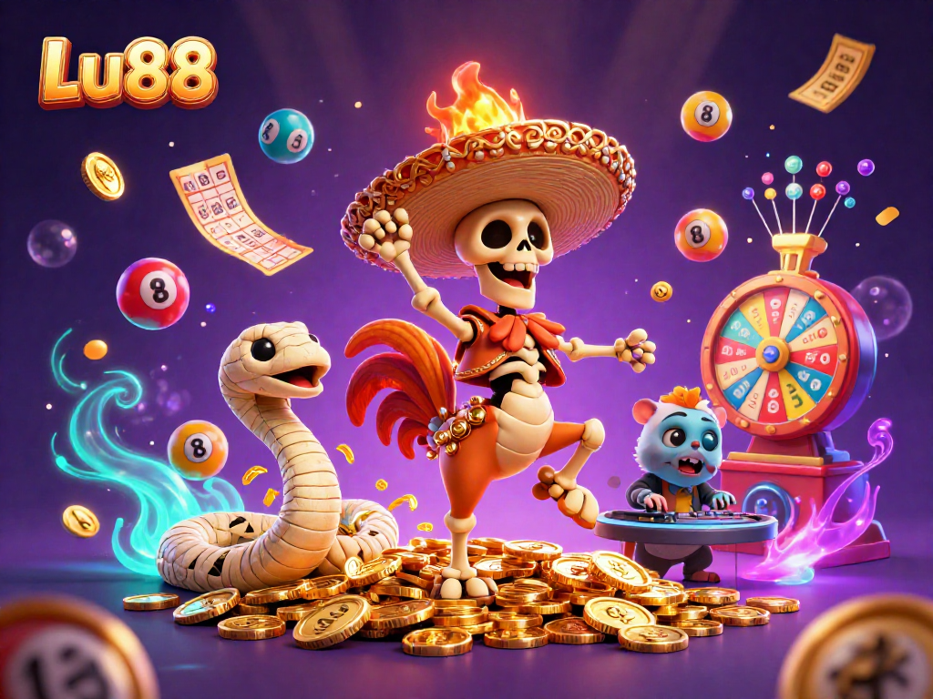 Lu88 brings excitement with a dancing skeleton mariachi rooster, vibrant games, and colorful lottery balls.