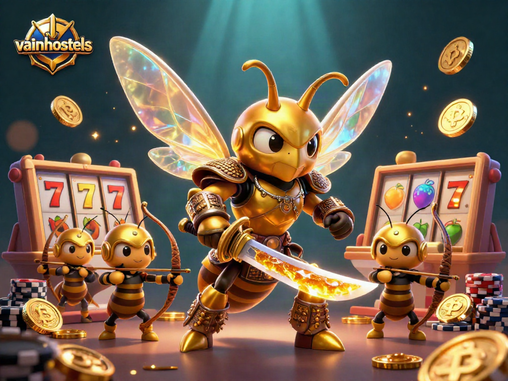 Engage with virtual slots and crypto at vainhostels with a dynamic 3D illustration showcasing gaming excitement.