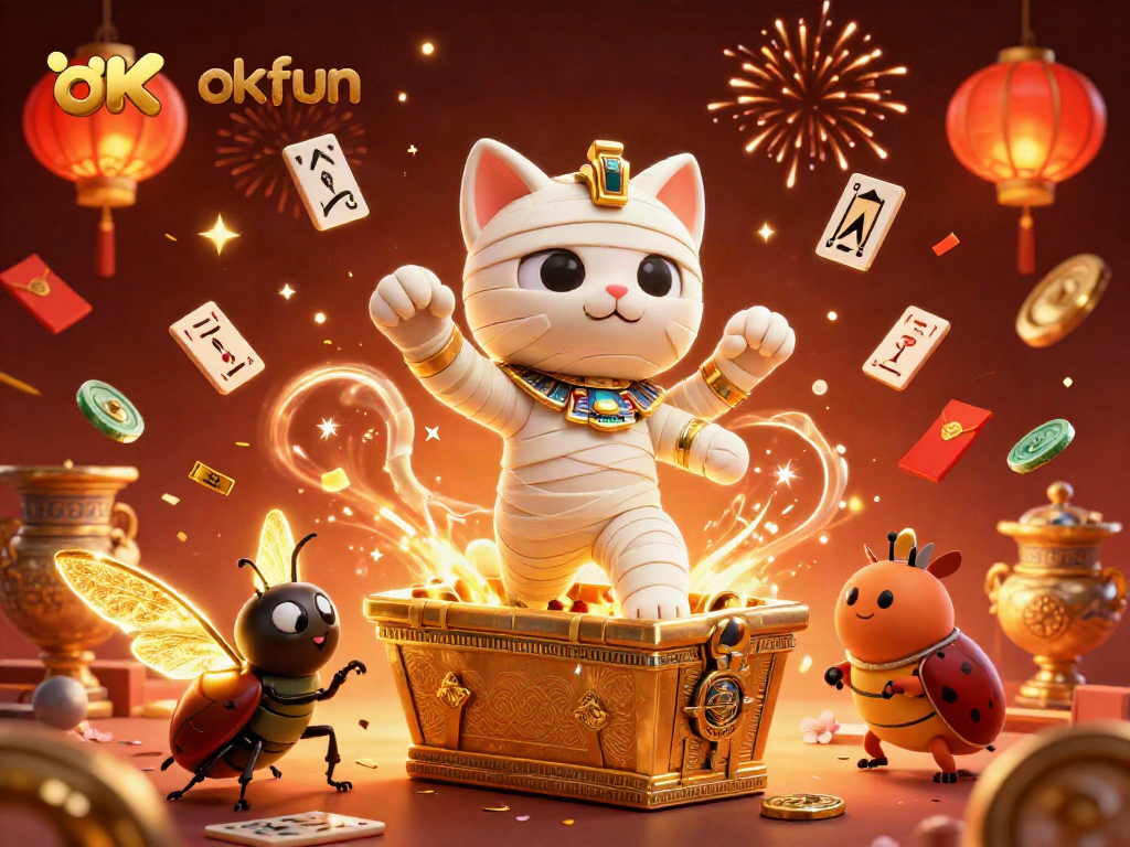 The okfun illustration showcasing a lively Egyptian casino scene filled with games and vibrant elements.