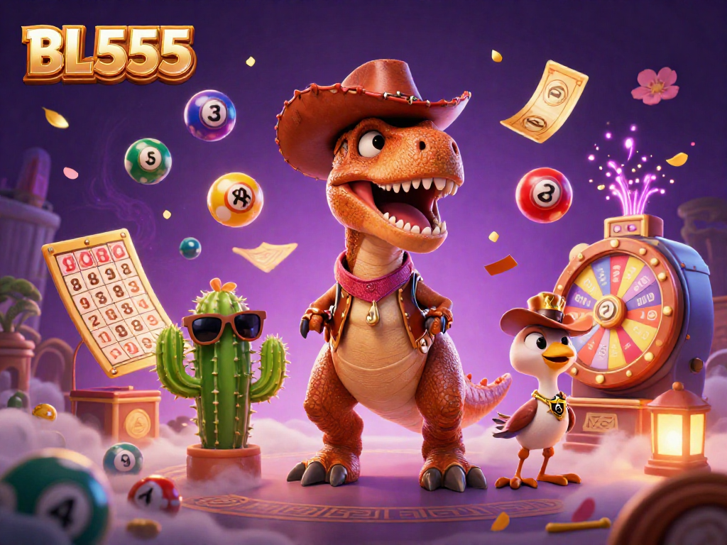 Engage in exciting gambling fun at BL555 with a dynamic 3D fantasy scene featuring colorful lottery elements.