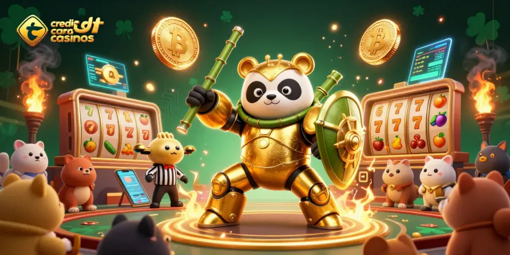 Experience the excitement of credit card casinos with a vibrant 3D illustration featuring a golden panda mech-suit and casino elements.