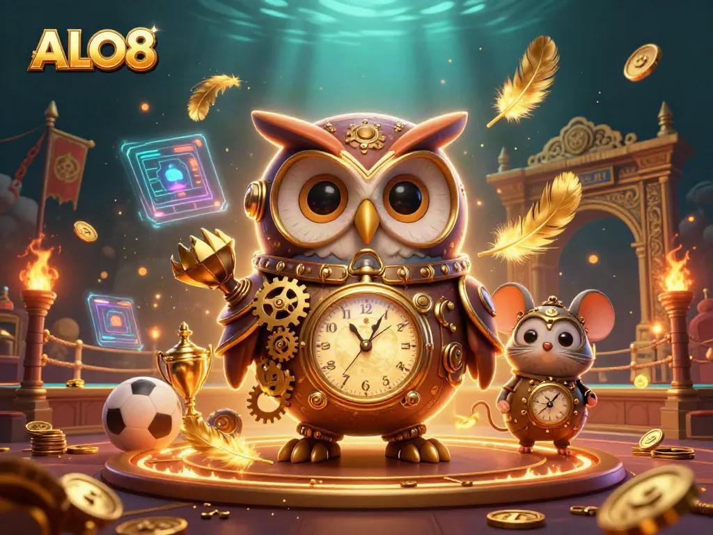 Experience the exhilarating world of ALO8 with a cartoon owl and steampunk elements amidst thrilling sports betting action.