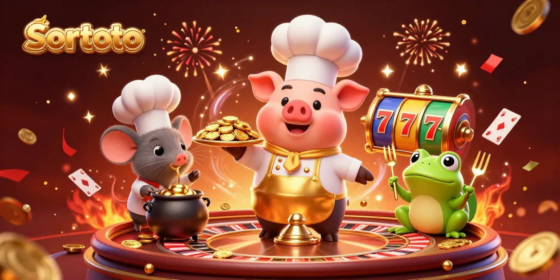 Sortoto showcases a lively casino scene with a cartoon chef pig presenting gold coins, enhancing online gambling engagement.