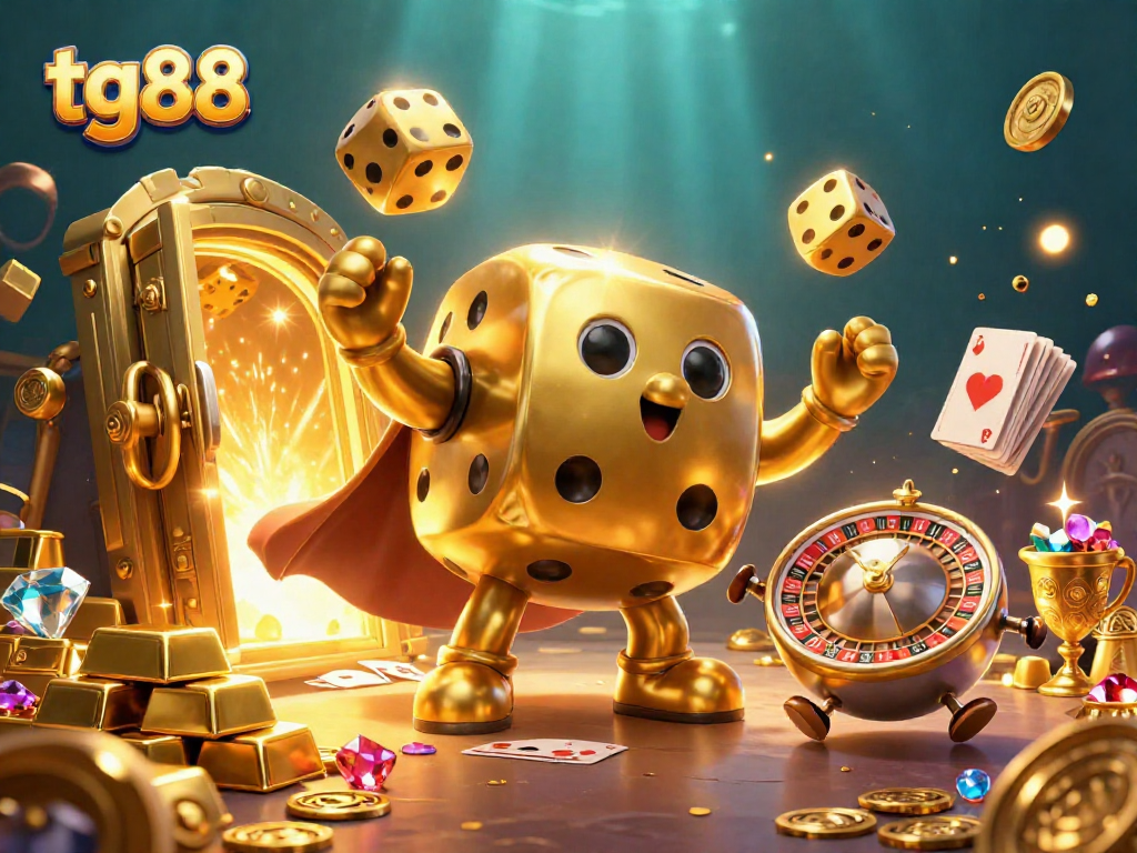 Join the excitement at tg88 with golden dice and vibrant casino treasures in a thrilling 3D illustration.