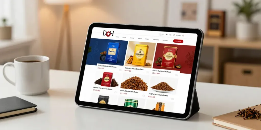 Shop top smoke cigarettes and tobacco wholesale online with a user-friendly interface, showcasing various loose tobacco options in a modern setting.