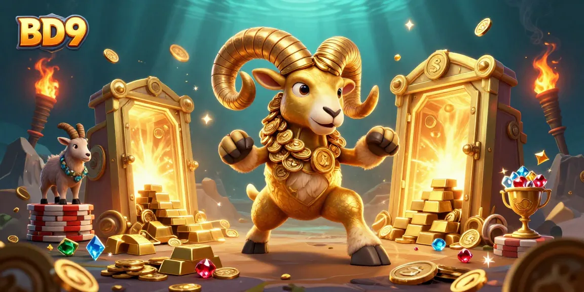 Experience thrilling gameplay at BD9, featuring vivid golden ram symbols and treasure elements in casino art.