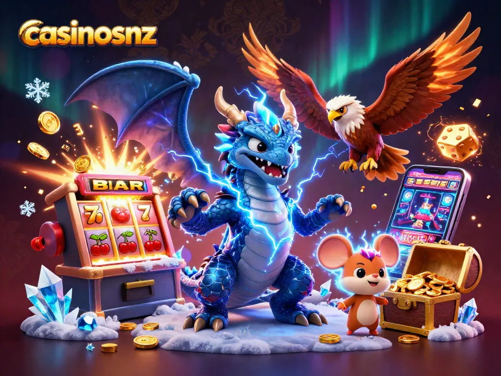 Experience the excitement of casinosnz with a dynamic scene featuring thrilling casino elements and fantastical characters.