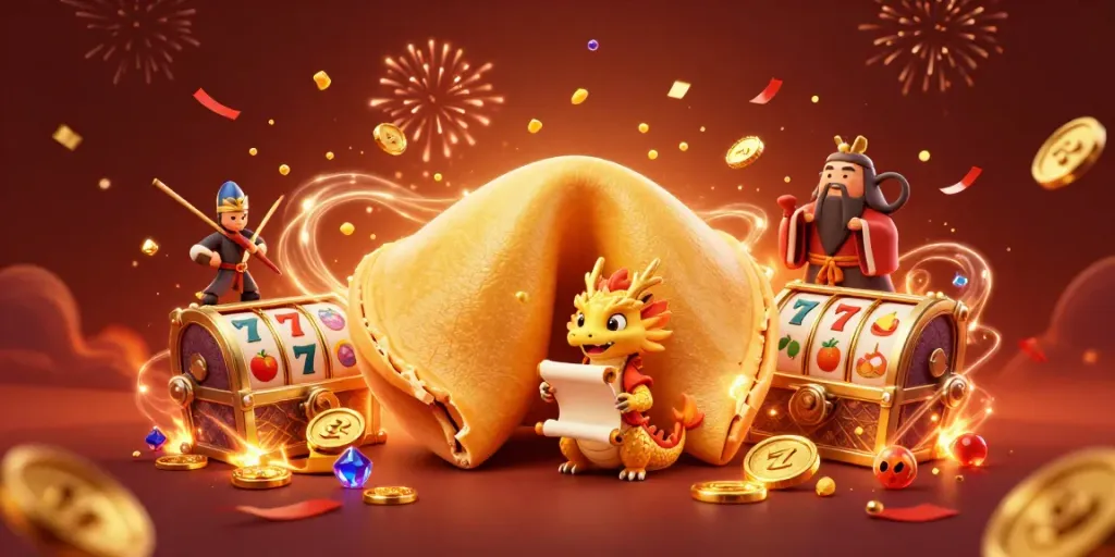 Experience thrilling game moments at qq88bet with a whimsical scene featuring a dragon, fortune cookie, and gold treasures.