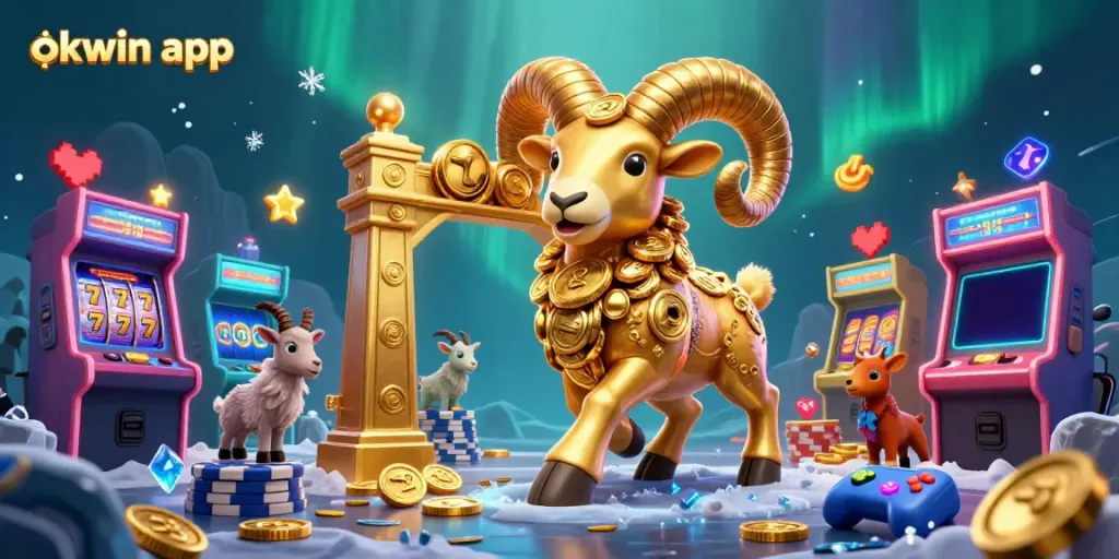 Experience excitement with the okwin app, featuring a golden ram charging through a dynamic casino scene filled with slots.