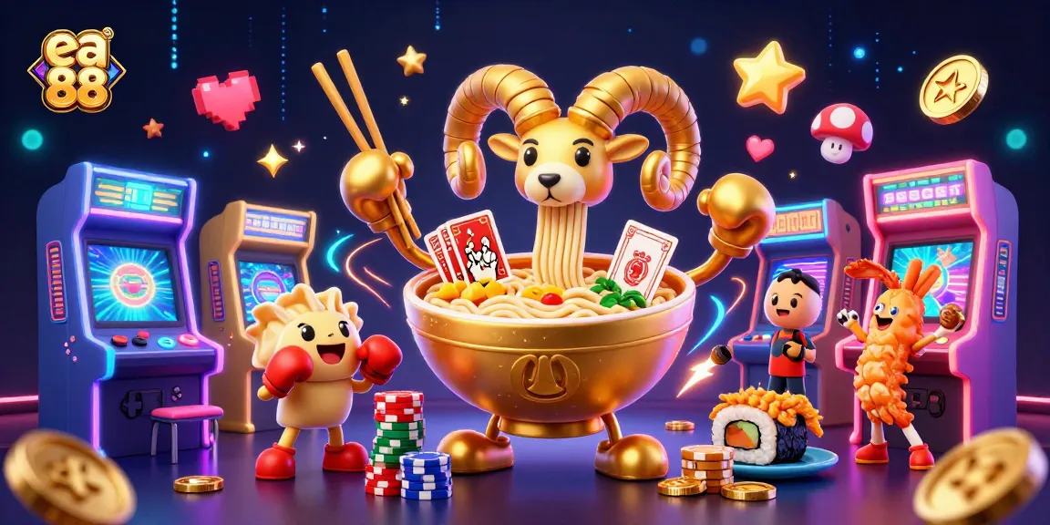 Experience thrilling gaming with ea 88: colorful 3D arcade machines and animated casino characters engaging in action.