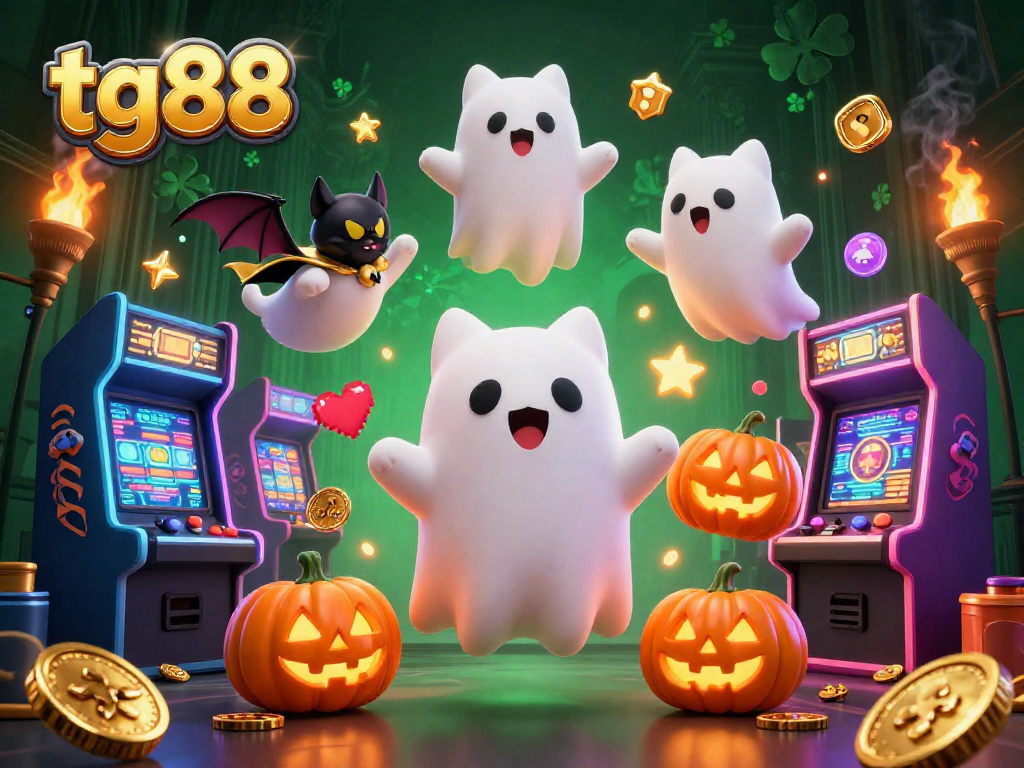 Play games and win with tg88 featuring a floating ghost cat in a vibrant casino scene.