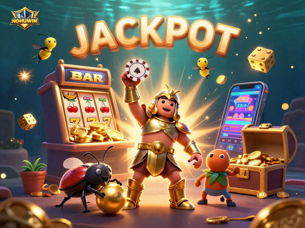 NOHUWIN's vibrant 3D illustration showcases jackpot excitement in a colorful casino scene.