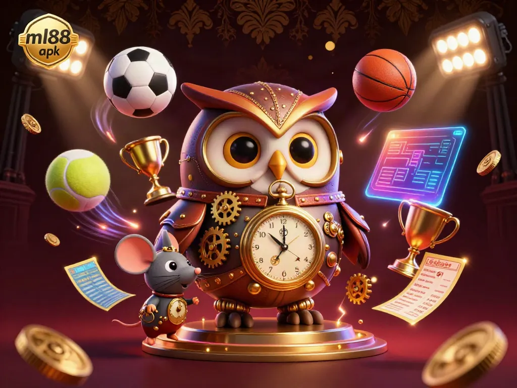 Experience winning strategies with ml88 apk as a cartoon owl navigates a vibrant casino world.