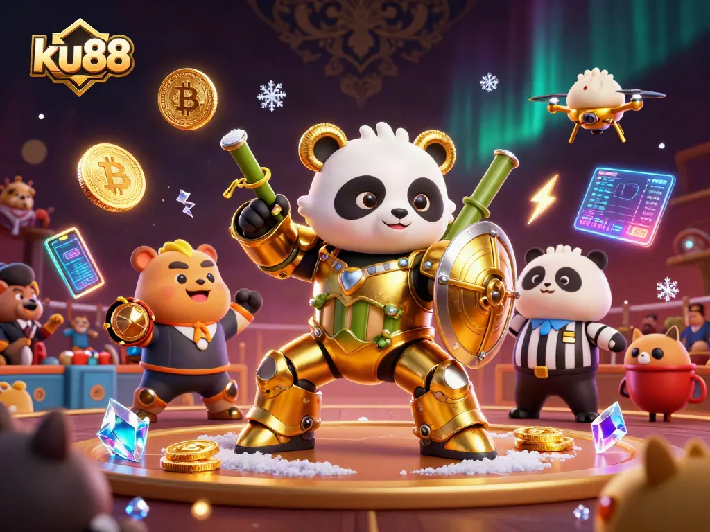 Experience thrilling gaming action at ku88 with our dynamic mech-suit panda in a vibrant arena!