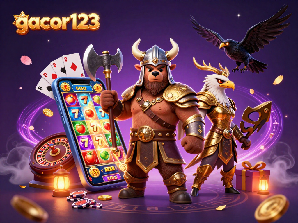 Play exciting games at gacor123, with a vibrant illustration of slot machines, character action, and game excitement.