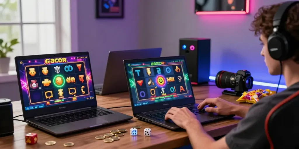 Player enjoying slot gacor gaming experience on laptop surrounded by vibrant visuals and gaming decor.