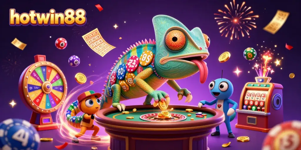 Experience thrilling games at hotwin88 with vibrant lottery elements and a chameleon casino owner.